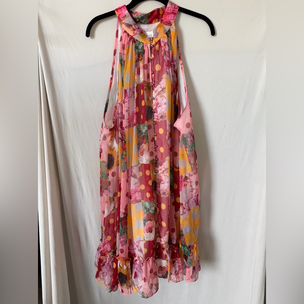 L'ATISTE Pink Floral & Yellow Polka Dot Midi Dress